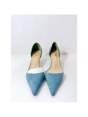 Size 7.5 Colorblock D’Orsay Kitten Heels Blue & Green Suede Pointed Toe Pumps